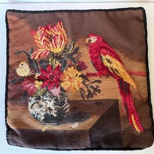 Katha Diddel Floral & Parrot Needlepoint Pillow Cover in Brown, Red, Yellow